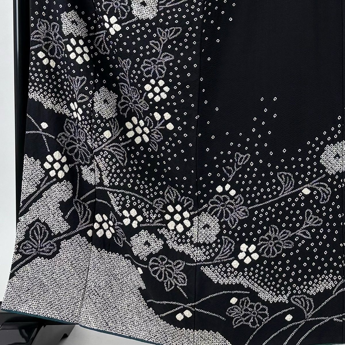 訪問着 身丈162cm 裄丈68.5cm L 袷 草花 ヱ霞 絞り 黒 正絹 秀品