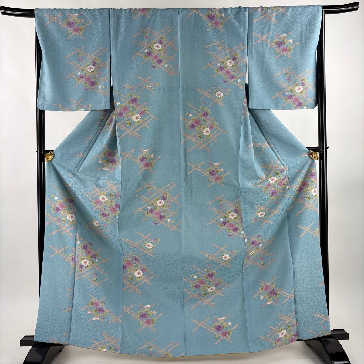 美品】 小紋 身丈166cm 裄丈68cm L 袷 Kansai 菊 紅葉 水色 正絹 秀品