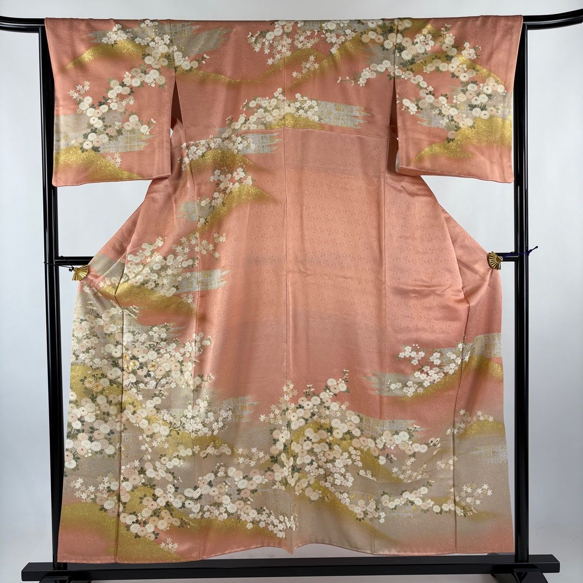 訪問着 身丈154cm 裄丈66cm M 袷 鈴乃屋 菊 紅葉 金糸 金彩 ピンク 