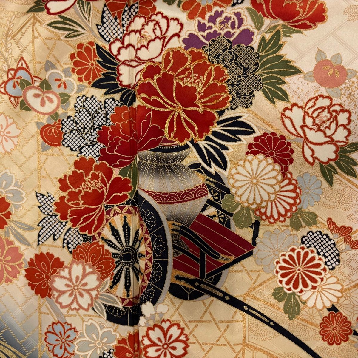 振袖 身丈160cm 裄丈65cm M 袷 御所車 草花 金糸 金彩 朱色 正絹 秀品