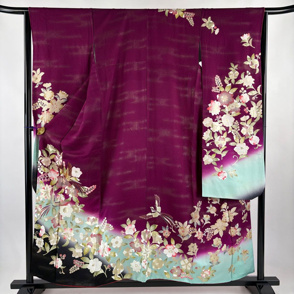 振袖 身丈156cm 裄丈64cm M 袷 尾長鳥 草花 金糸 金彩 紫 正絹 秀品
