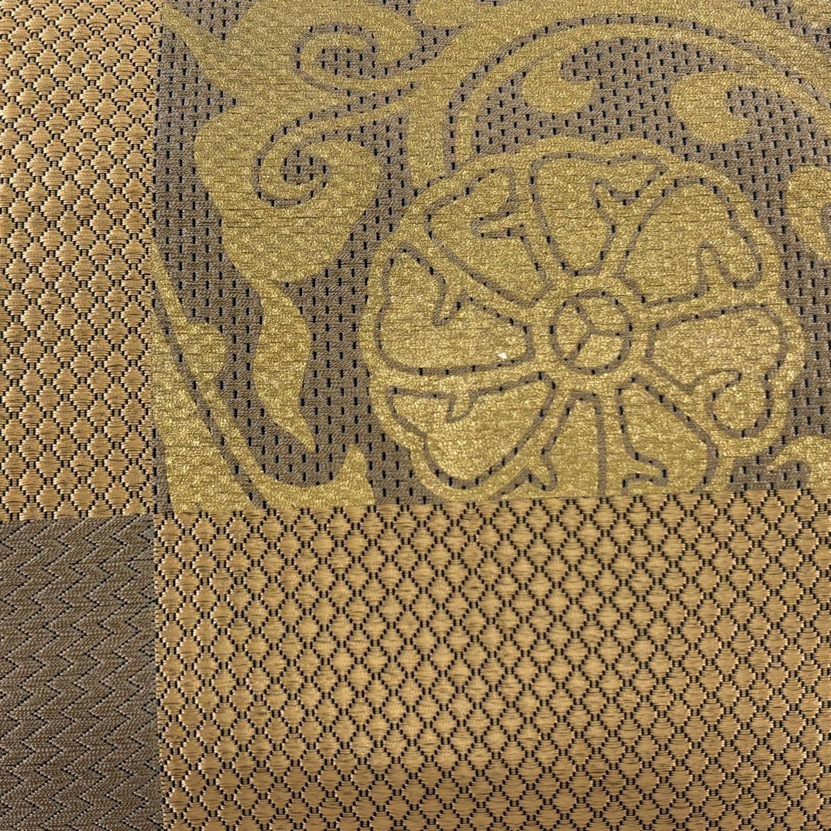 美品】 袋帯 秀品 唐草 市松 金糸 金彩 黄土色 全通 正絹 【中古