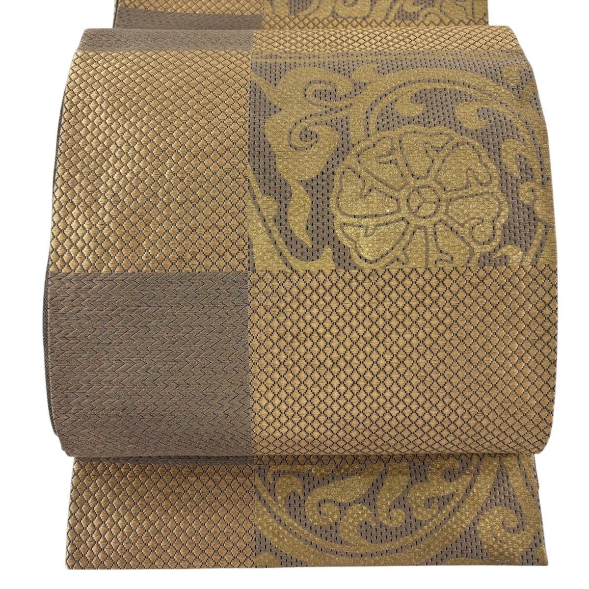 美品】 袋帯 秀品 唐草 市松 金糸 金彩 黄土色 全通 正絹 【中古