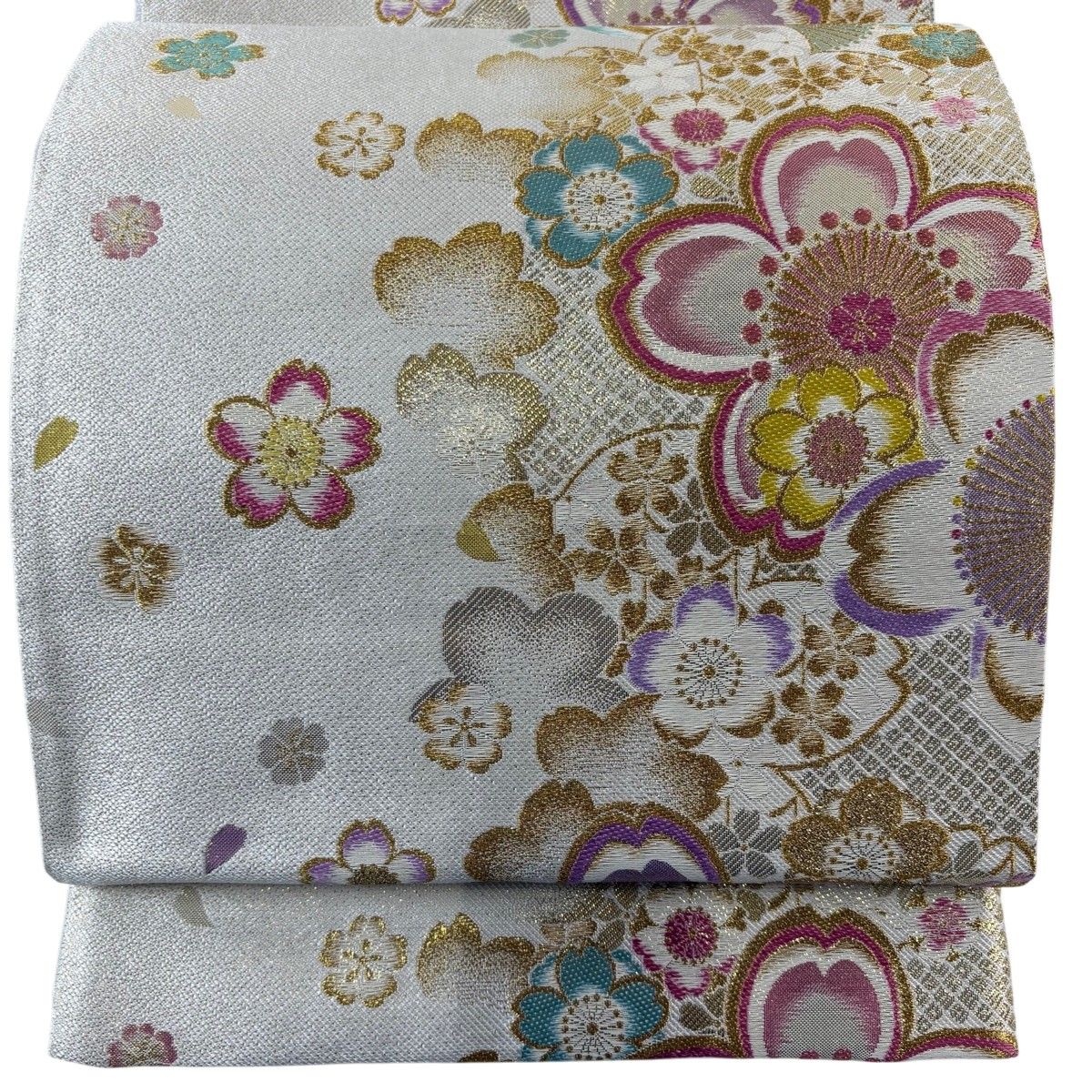 美品】 袋帯 秀品 桜 花びら 金糸 刺繍 灰白 六通 正絹 【中古