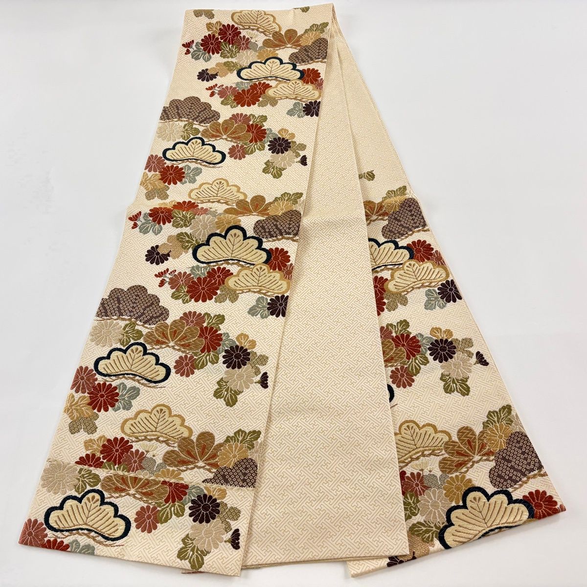 袋帯 名品 笠松 菊 金糸 唐織 ベージュ 六通 正絹 中古 美品 袋帯 秀品