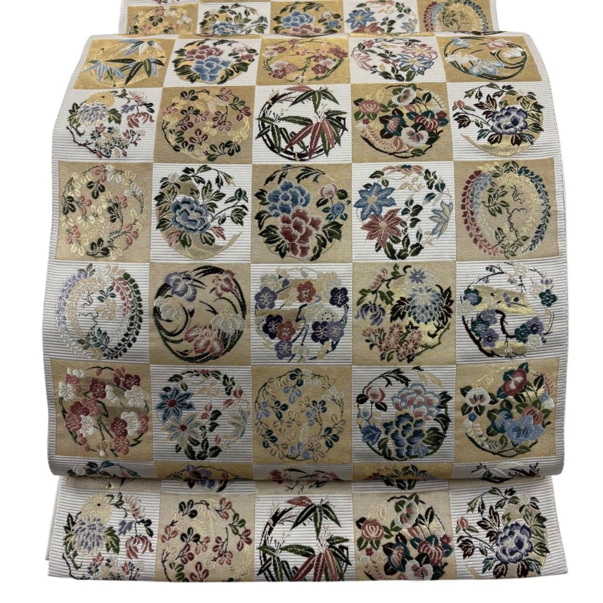 袋帯 名品 市松 花丸文 金糸 箔 ベージュ 六通 正絹 【中古 袋帯 名品 市松 花丸文 金糸 箔 ベージュ 六通 正絹 【中古