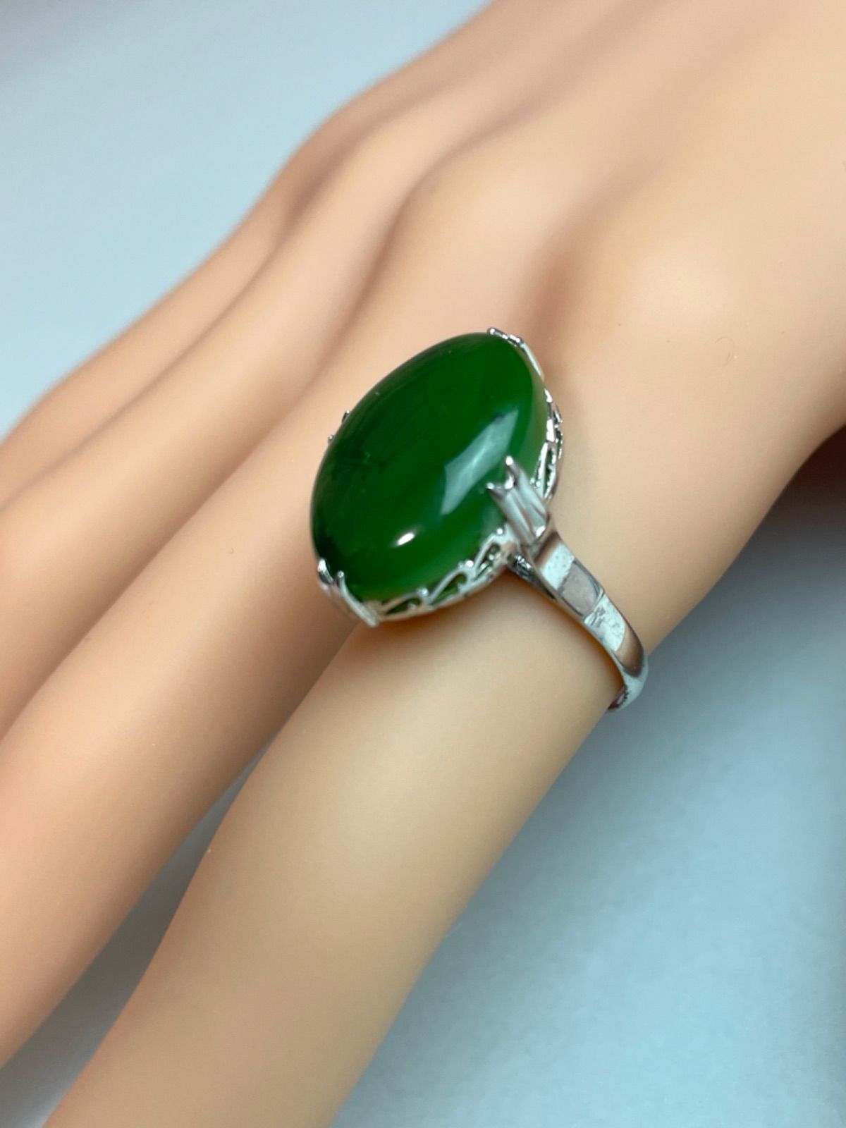 未使用品 14K刻印 ヴィンテージ 天然石 大粒 軟玉翡翠 リング 指輪 13