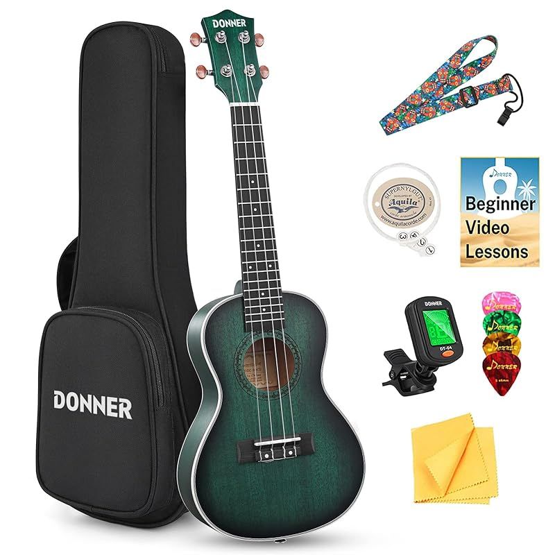 【新品】 Donner ウクレレ コンサート 初心者セット 23インチ 上質木材 ポリッシュ仕上げ ソフトケースとチューナーなどアクセサリー6点セット グリーン DUC-200G 0 7,965円
