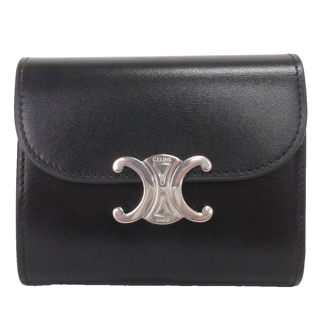 セリーヌ CELINE 美品 スモール フラップ ウォレット トリオンフ 財布 三つ折り コンパクト シャイニーカーフスキン 10D783DPV.38SI 黒 ブラック