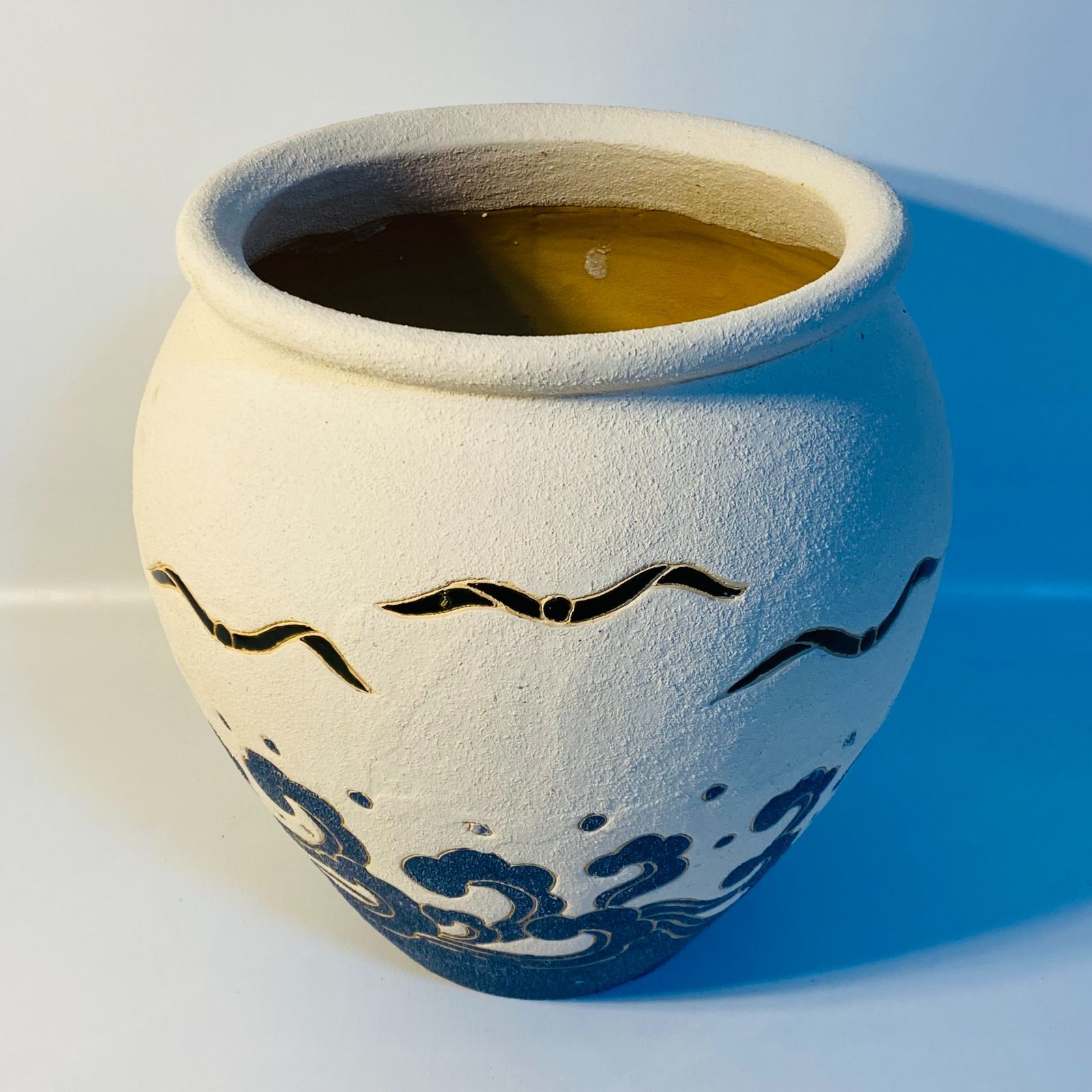 火鉢 浪絵 直径約30cm H約31cm 睡蓮鉢 水鉢 水器 メダカ 壺 甕 送料