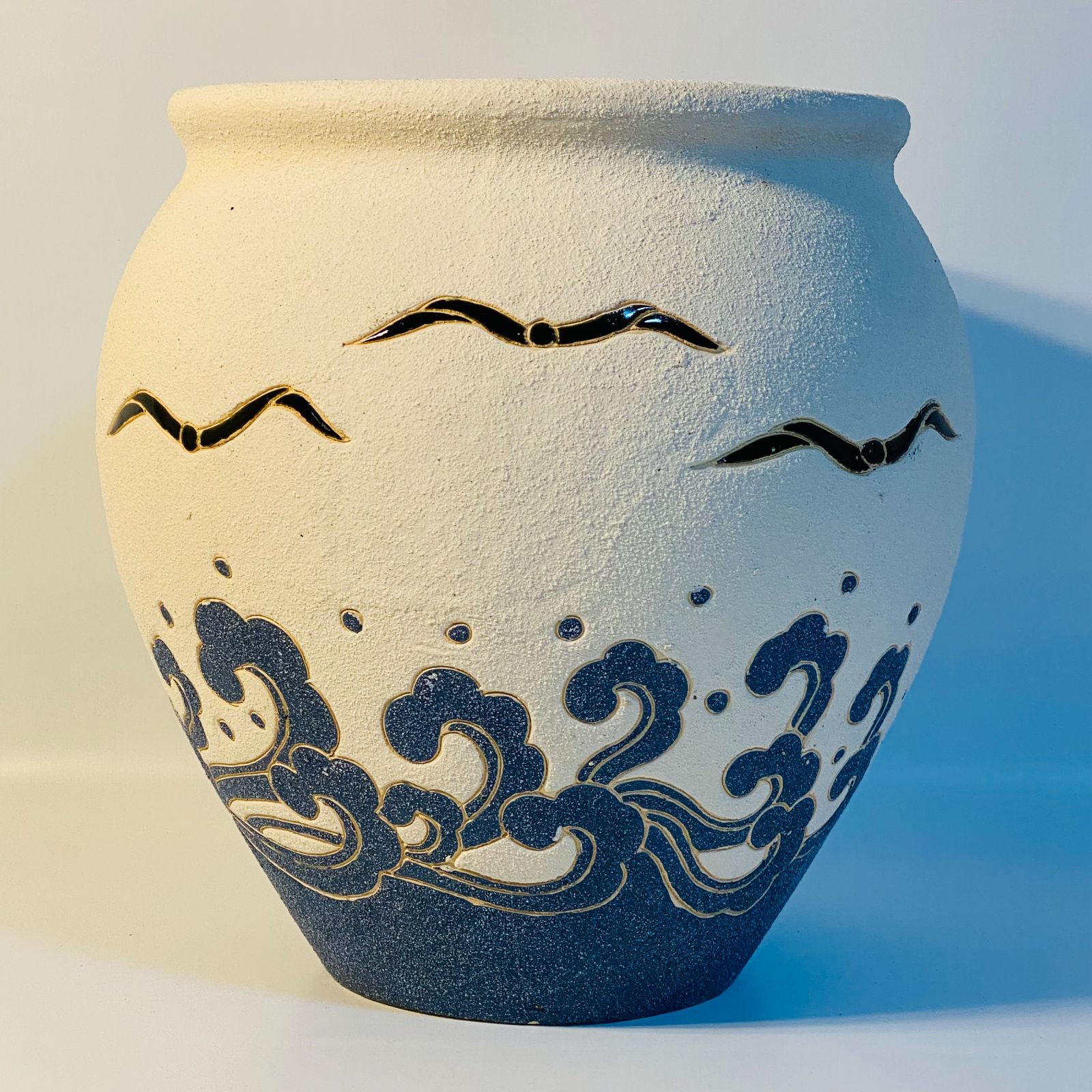 火鉢 浪絵 直径約30cm H約31cm 睡蓮鉢 水鉢 水器 メダカ 壺 甕 送料