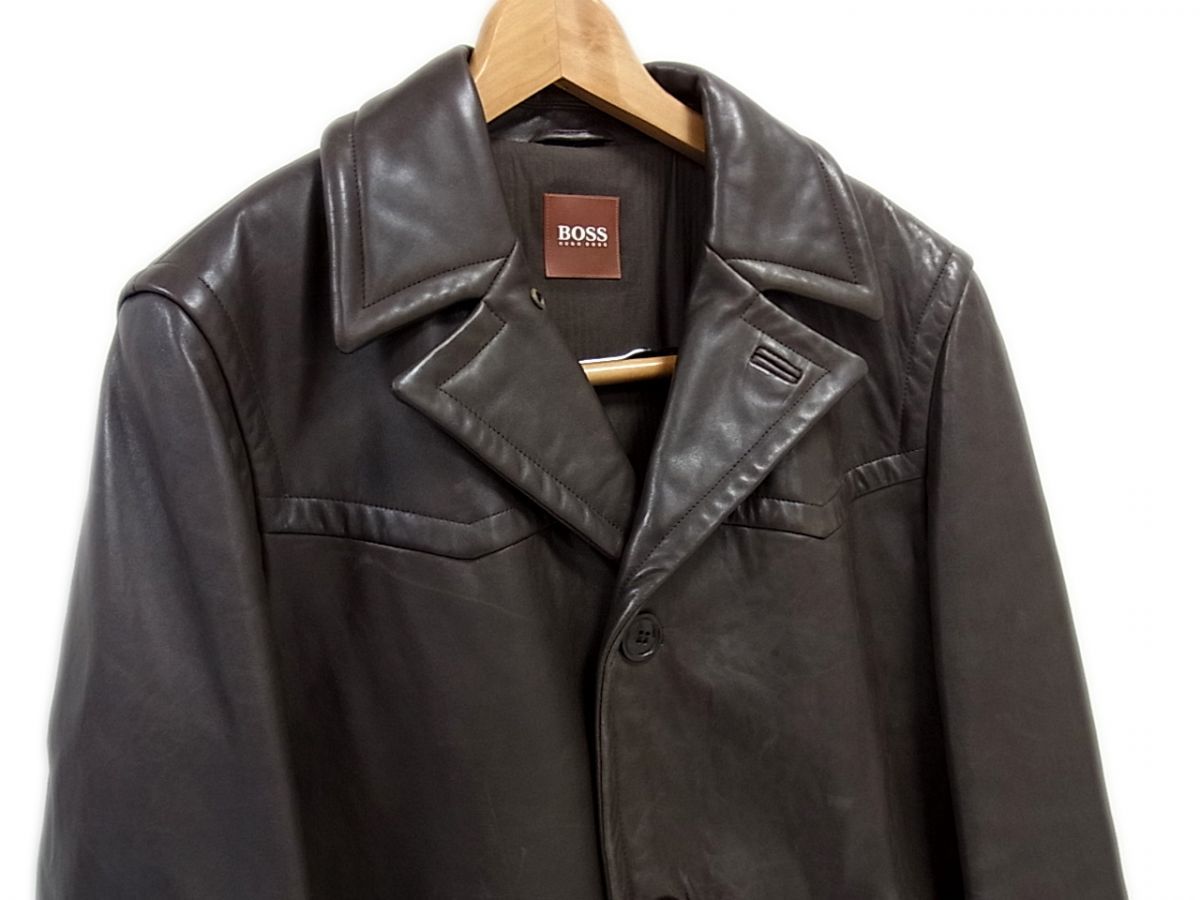 羊革◇HUGO BOSS ラムレザー チェスターコート ダークブラウン