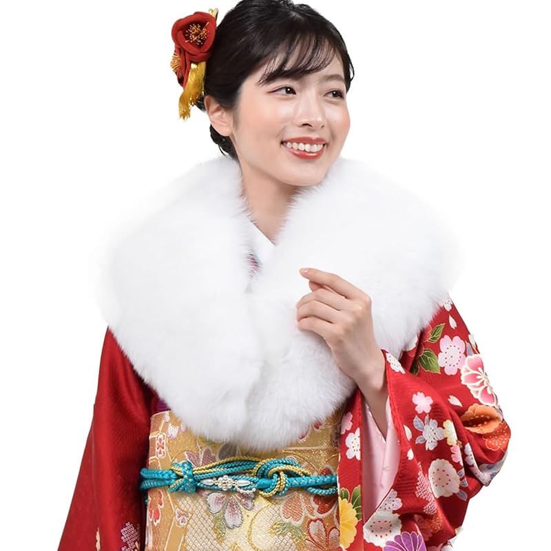 [§Ｈ∞Ｈａｙａｓｈｉｇｕｃｈｉ] [ハヤシグチ] 日本製 成人式 着物 和装 振袖 ファーショール シャドー フォックス ホワイト ショール ストール 化粧箱付き (FS0048)