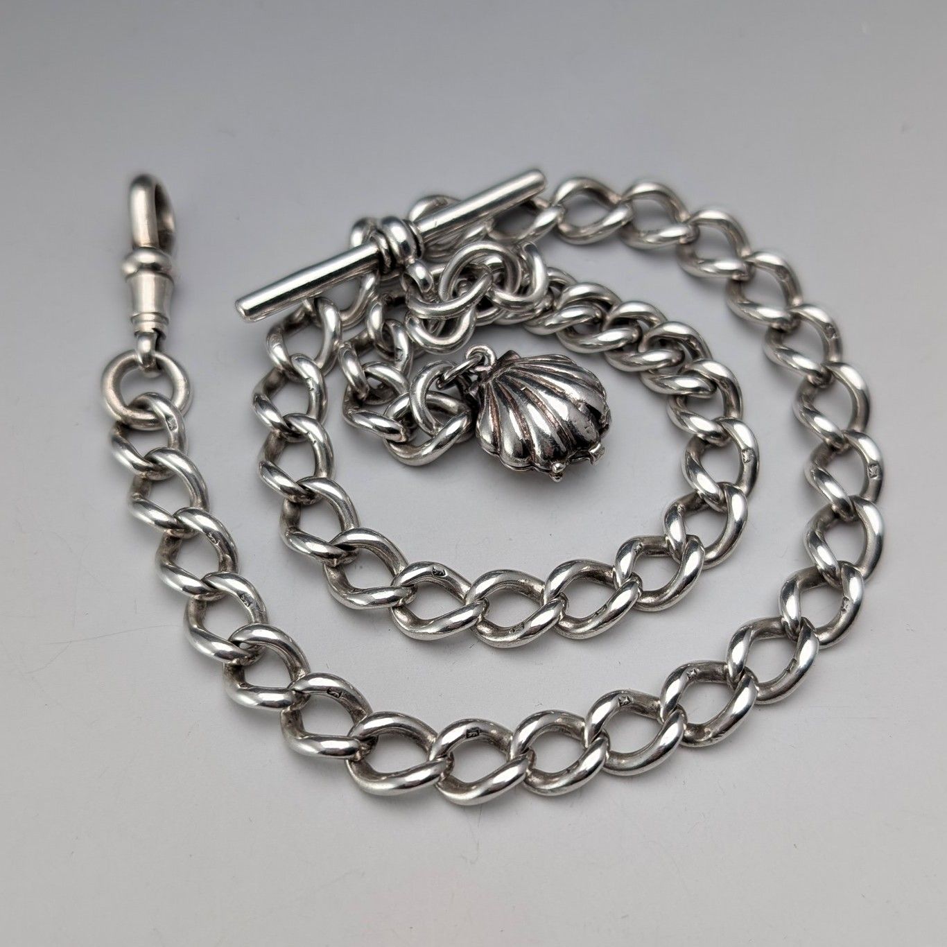 1897年頃 英国アンティーク 純銀製アルバートチェーン 46g 真珠貝