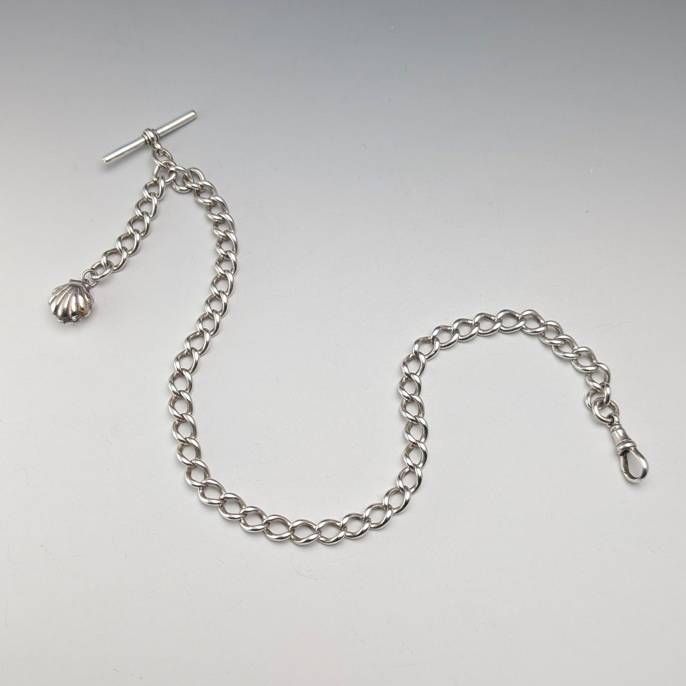 1897年頃 英国アンティーク 純銀製アルバートチェーン 46g 真珠貝