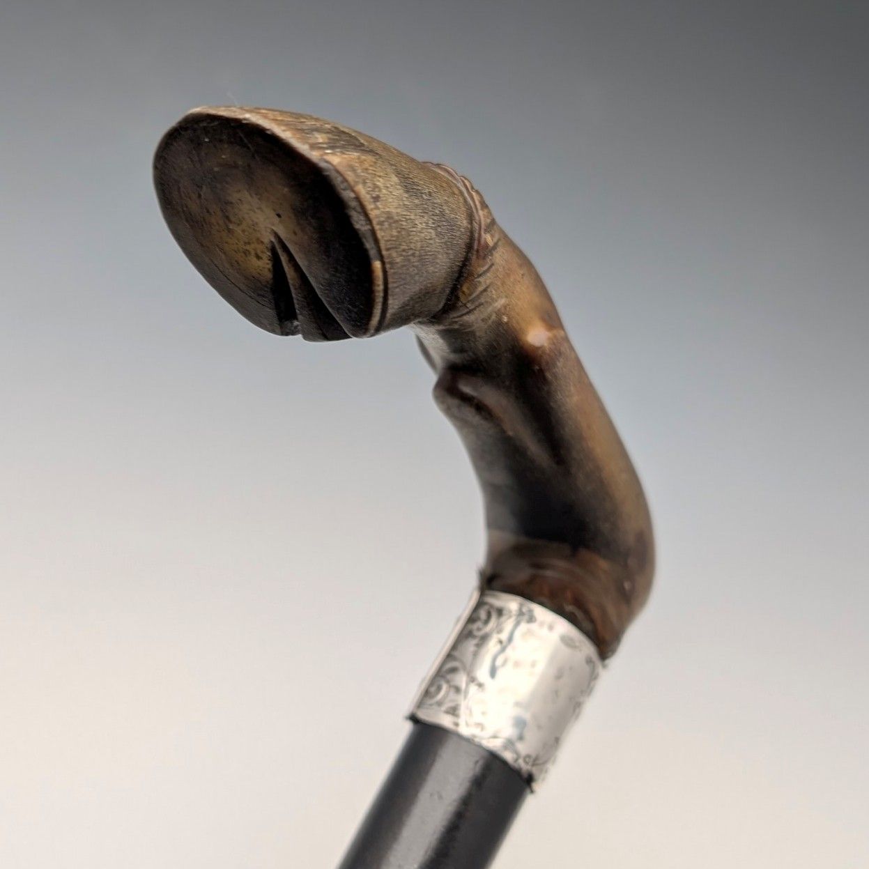 1899年 英国アンティーク 純銀装飾 L字ホーンハンドル ステッキ 杖