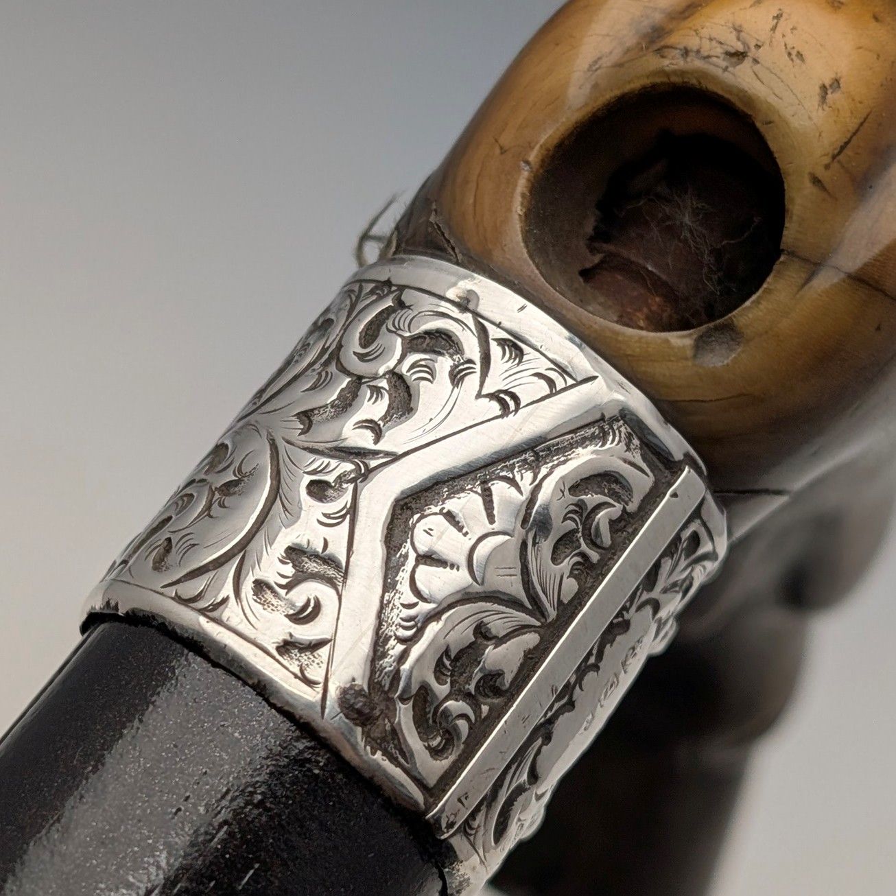 1899年 英国アンティーク 純銀装飾 L字ホーンハンドル ステッキ 杖