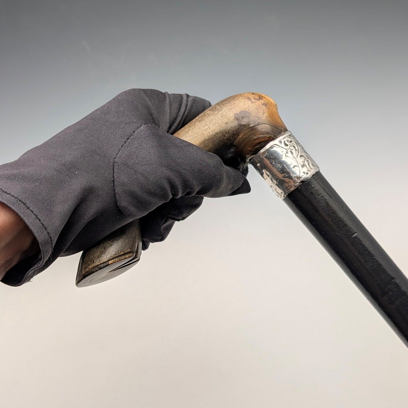 1899年 英国アンティーク 純銀装飾 L字ホーンハンドル ステッキ 杖