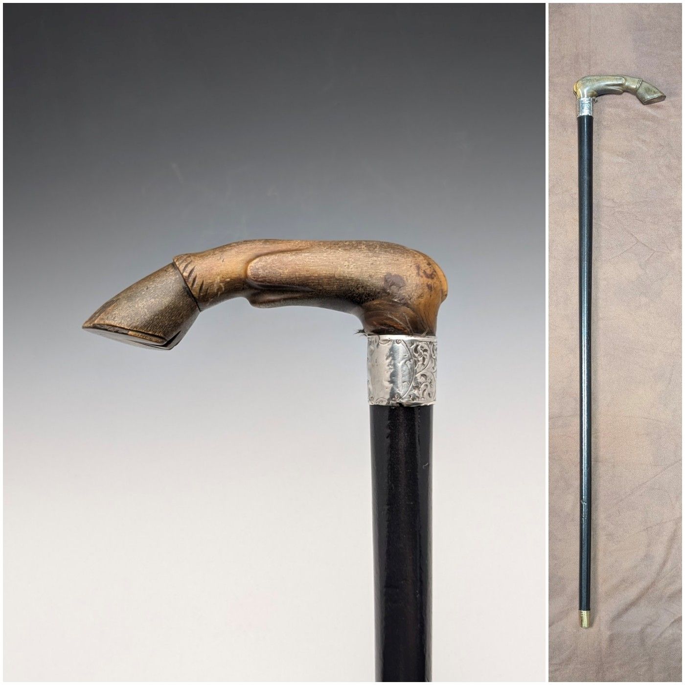 1899年 英国アンティーク 純銀装飾 L字ホーンハンドル ステッキ 杖