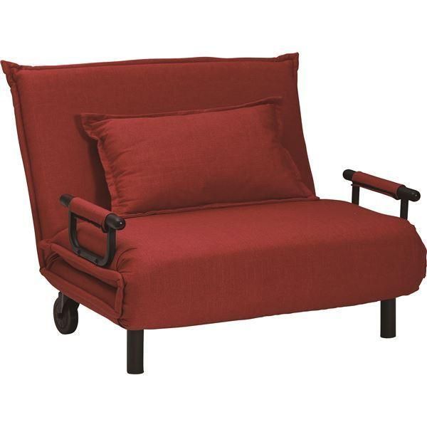 ソファベッド 幅111cm マット幅100 6段階リクライニング 折りたたみ シングル 1人掛け ファブリック キャスター付き 肘付き ソファーベッド レッド RED 組立品