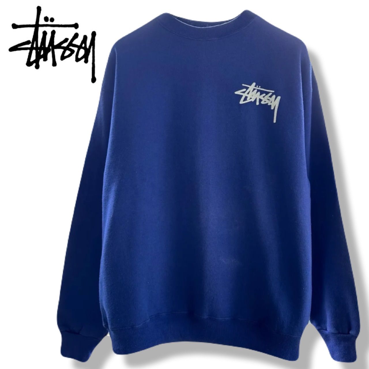 OLD STUSSY 90s 白タグ USA製 XL ネイビー ストックロゴ スウェット