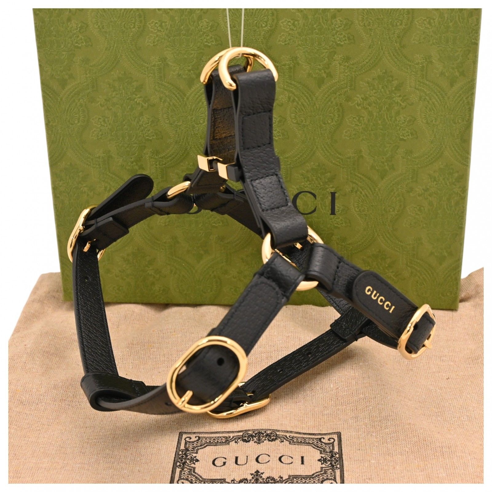 グッチ ペット ハーネス 犬 レザー Sサイズ ブラック ゴールド金具 S