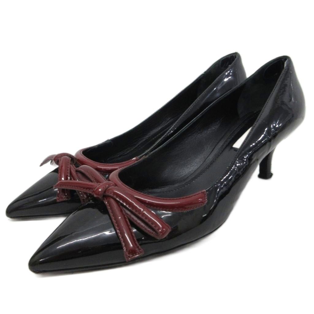 プラダ PRADA パンプス エナメル ポインテッドトゥ ローヒール リボン