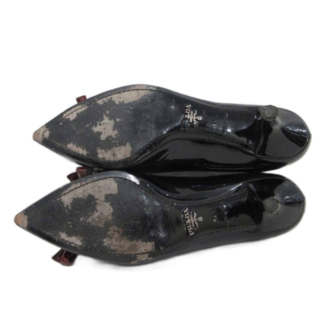 プラダ PRADA パンプス エナメル ポインテッドトゥ ローヒール リボン