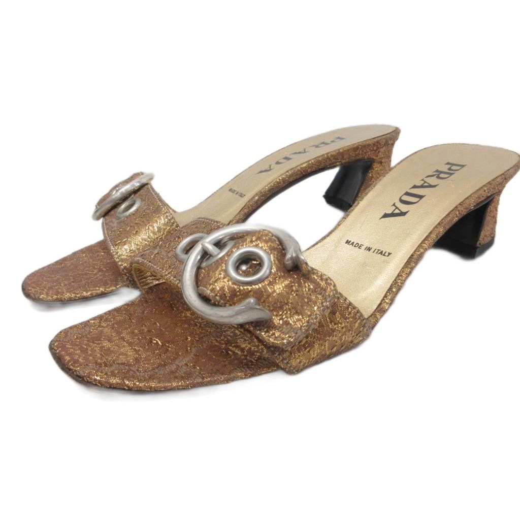 プラダ PRADA サンダル ミュール シルバー金具 ラメ チャンキーヒール