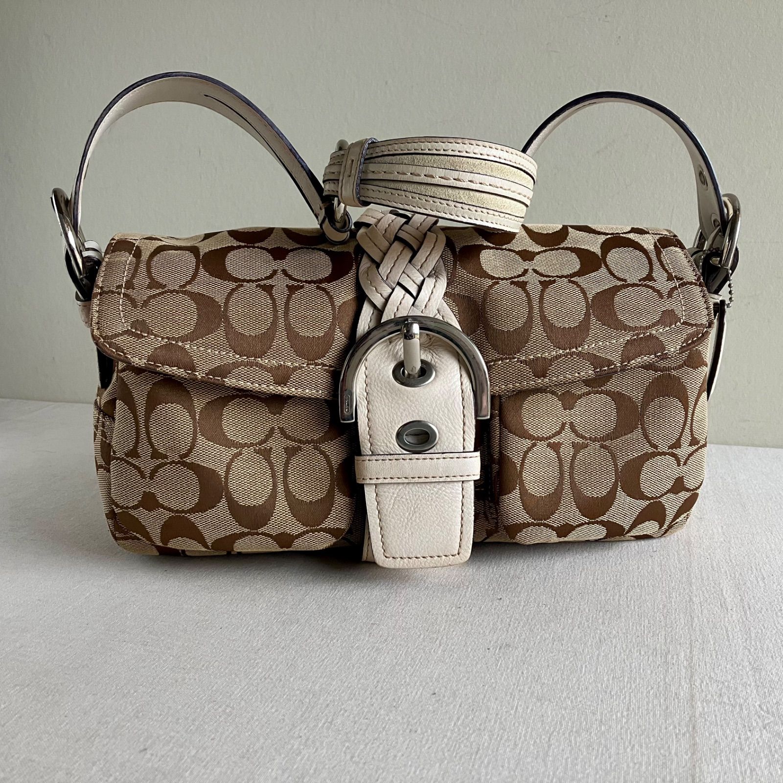 Coach Vintage Soho Brown Signature Canvas Braided White Leather