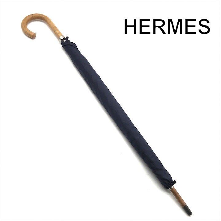 美品 HERMES エルメス ロゴ カバー付き ウッド 長傘 傘 レイングッズ