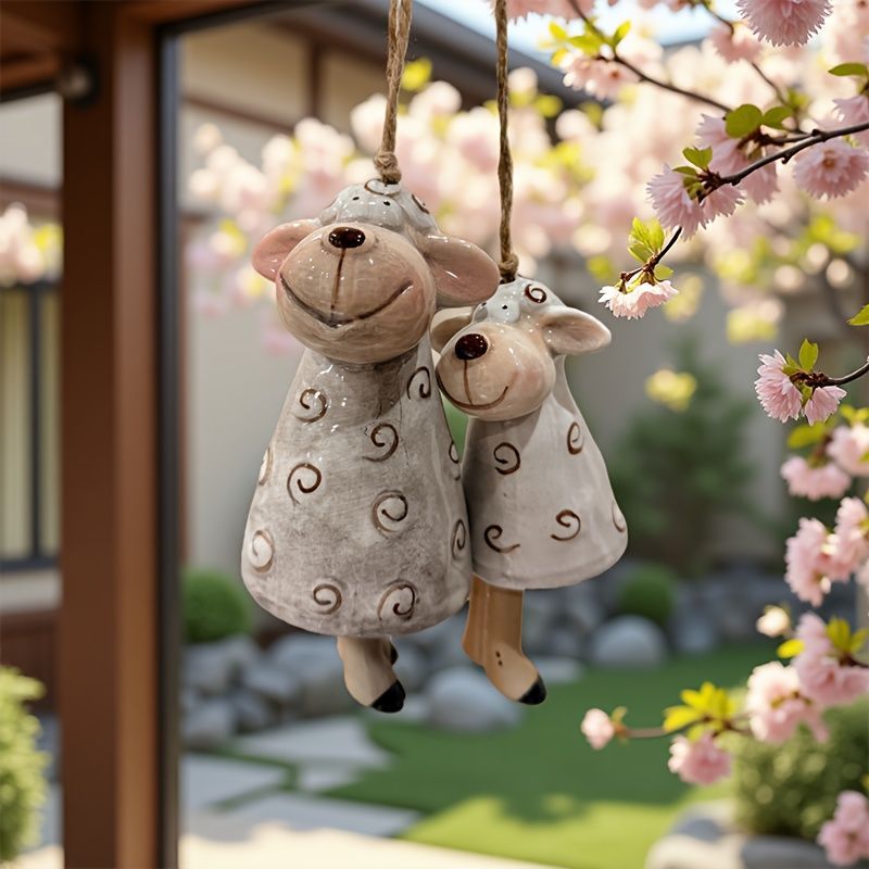 風鈴 ヒツジの親子 ひつじ 羊 2個セット ウィンドチャイム 屋外装飾 玄関 屋内 リビング ダイニング ベランダ バルコニー 癒やしグッズ インテリア オシャレ プレゼント ギフト 贈り物 セラミック 屋外アクセサリー
