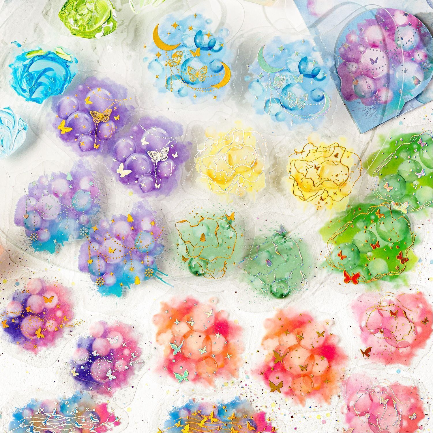 321】シール ステッカー PET コラージュ素材 箔押し 水彩風 幻想