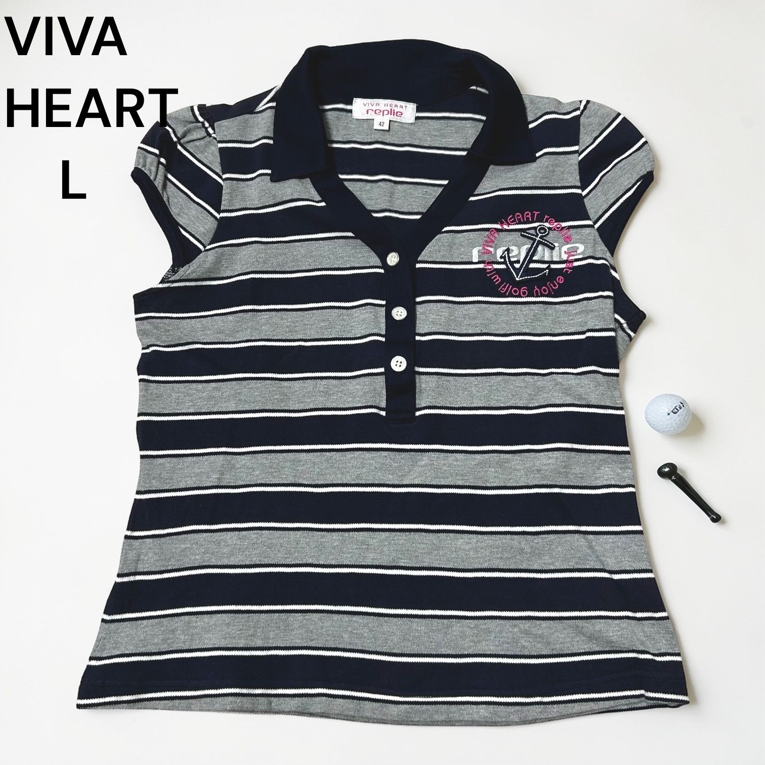 美品 VIVA HEART ビバハート 半袖 ポロシャツ ボーダー ゴルフウェア 