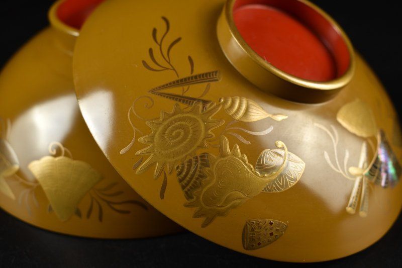 蔵A5944】木製黄漆 螺鈿 貝尽し蒔絵 吸物椀 汁椀 蓋物 十客 - メルカリ