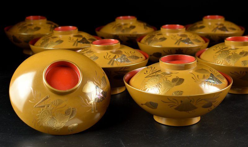 蔵A5944】木製黄漆 螺鈿 貝尽し蒔絵 吸物椀 汁椀 蓋物 十客 - メルカリ