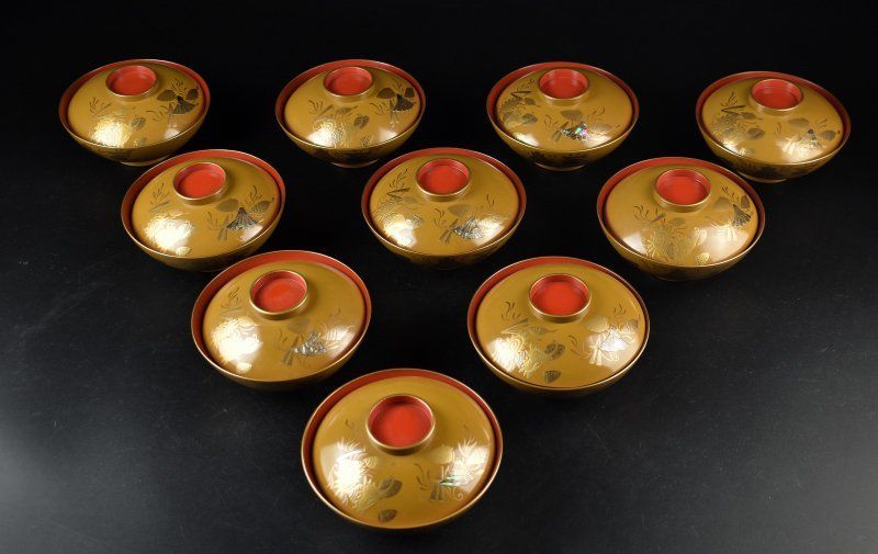 蔵A5944】木製黄漆 螺鈿 貝尽し蒔絵 吸物椀 汁椀 蓋物 十客 - メルカリ