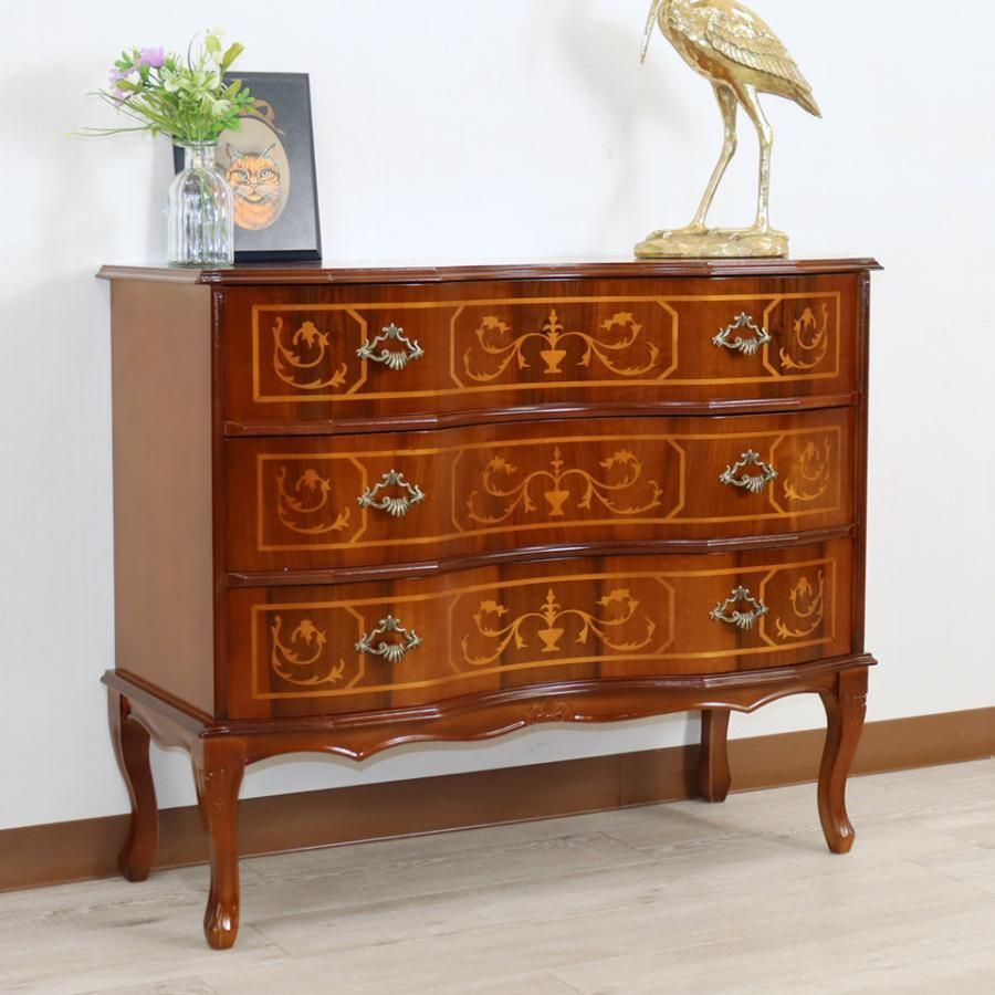 イタリア 3段 チェスト 茶 87cm 象嵌 ロココ調 イタリア 家具 猫脚