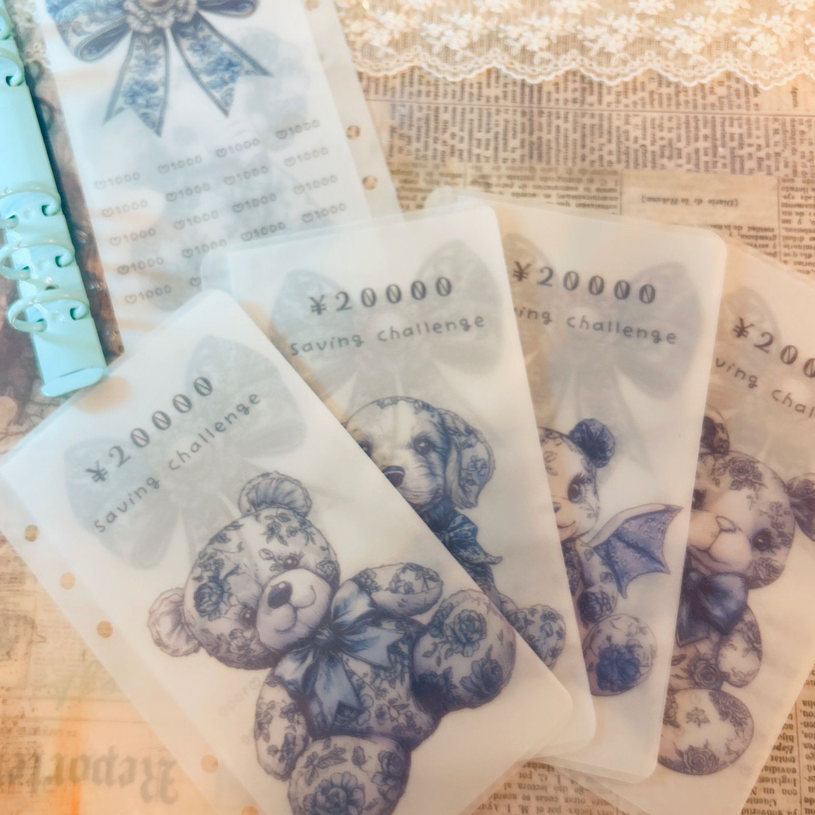 A6 savingリフィル 家計管理 5枚 10万円チャレンジ◎アニマル リボン