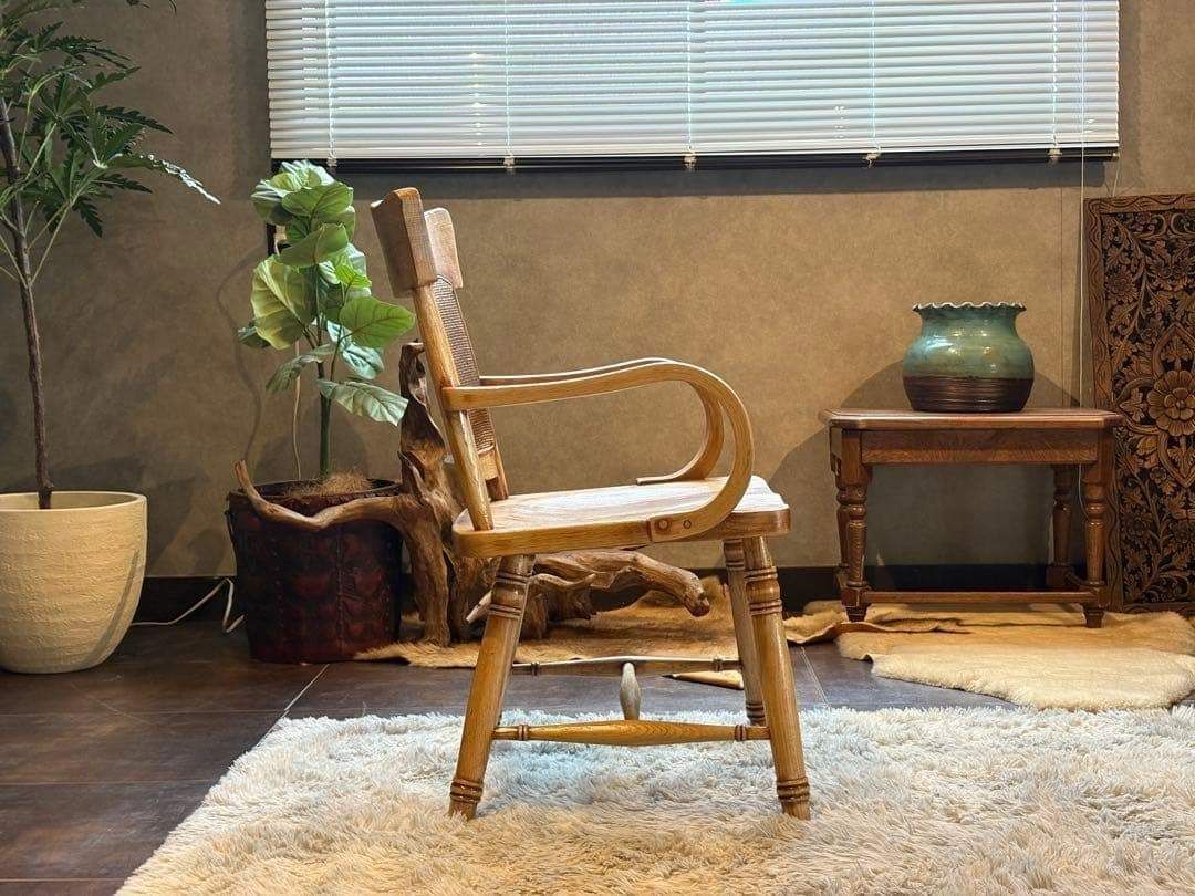 ナラ材 楢材 剥離家具 ストリップド家具 柏木工 アームチェア ラタン 