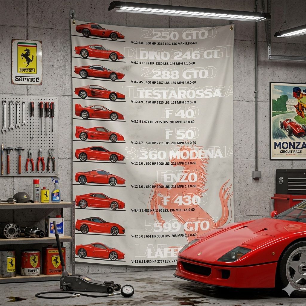 特大フラッグ・バナー「フェラーリ・歴代イラスト」約150cm×90cm