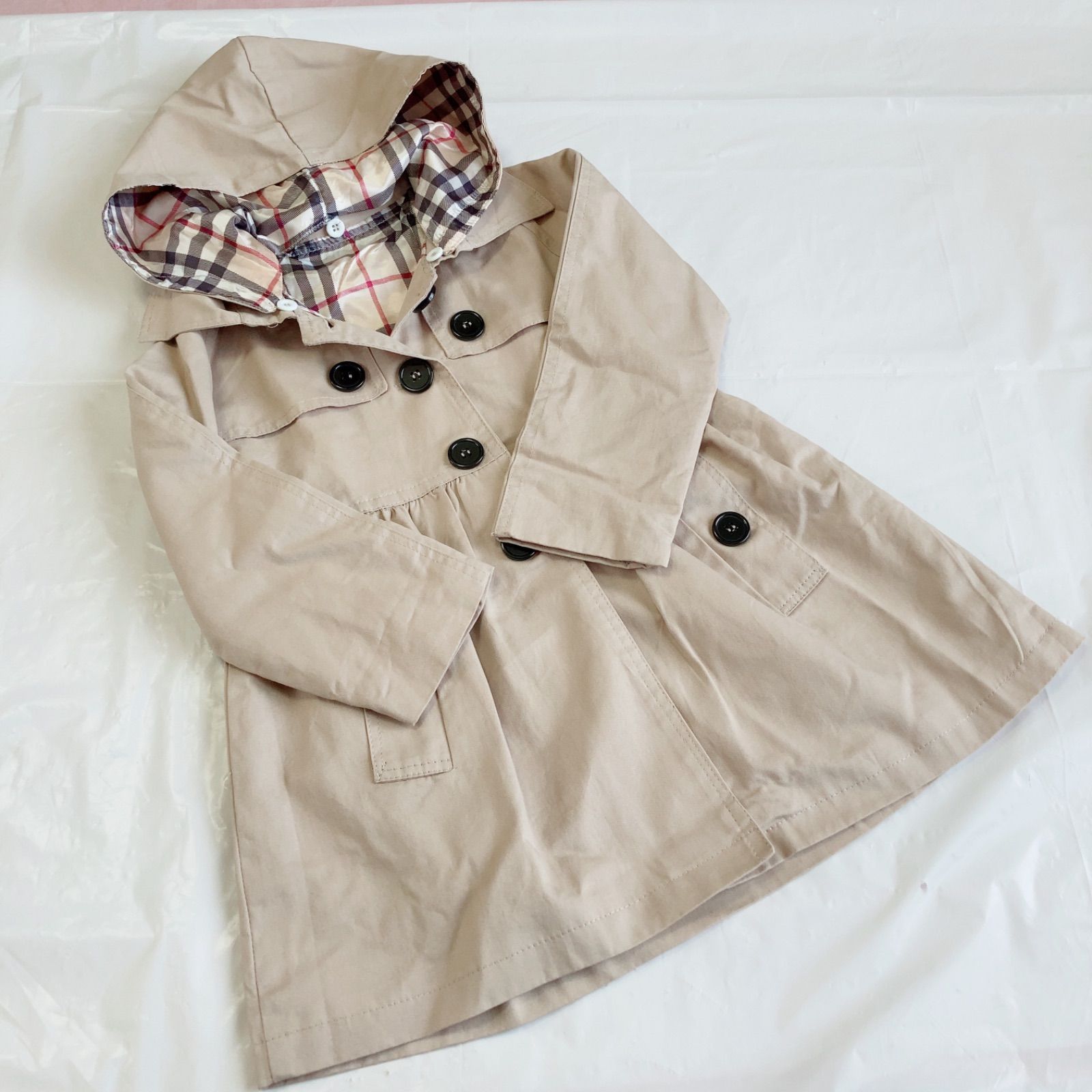 A624 WYM&XMM ベージュ トレンチコート 100 春秋用 中チェック フード