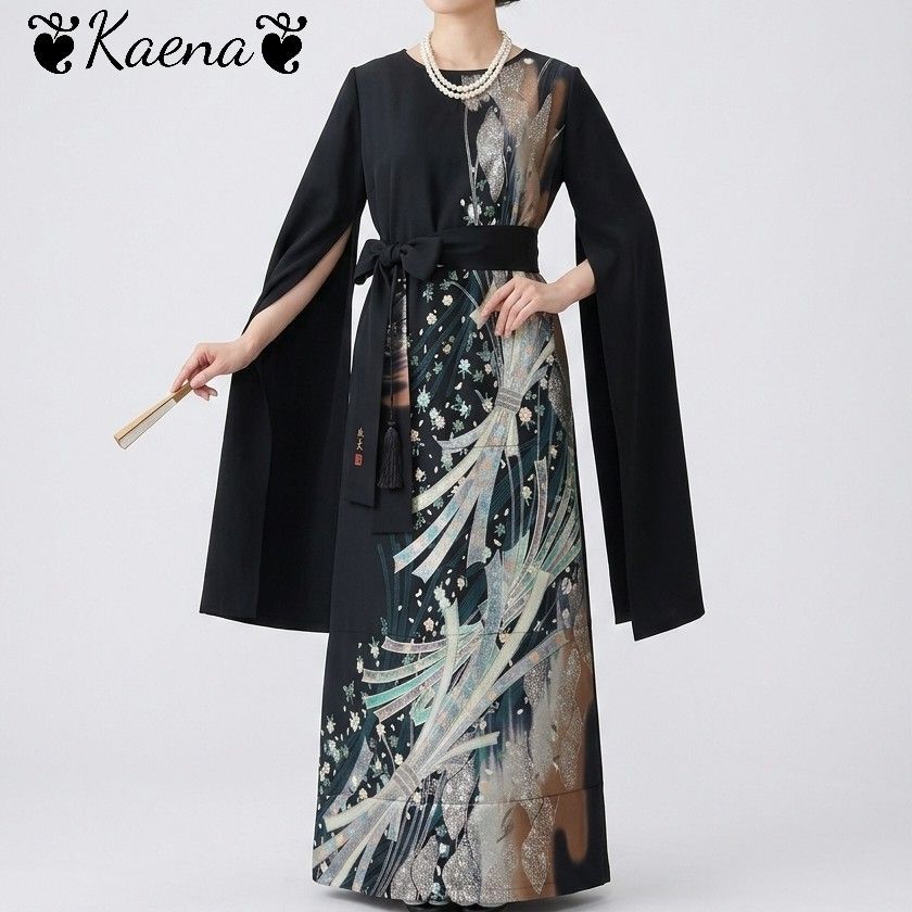 ❦Kaena❦ 着物リメイク ロングワンピース ロング袖スリット 黒留袖