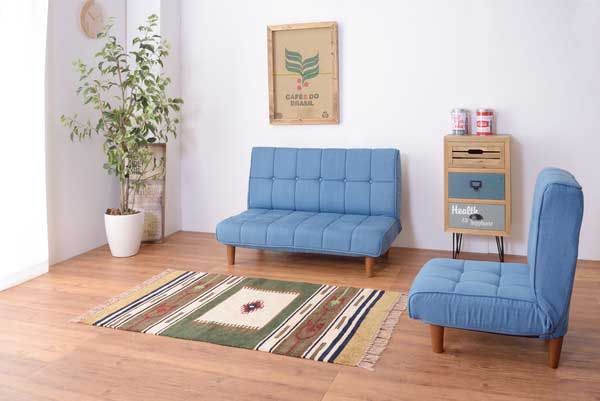  デニム調の２人掛けフロアソファ 42段階リクライニング ロータイプ使用 W102×D61-104×H31-69×SH28cm ポケットコイル No.938 ベルベット北欧 2人掛け 3人掛けソファ ソファ ソファベッド