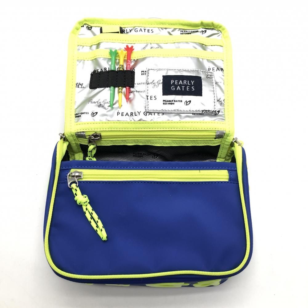 超美品】パーリーゲイツ ポーチ ブルー×蛍光イエロー カラビナ付 内側