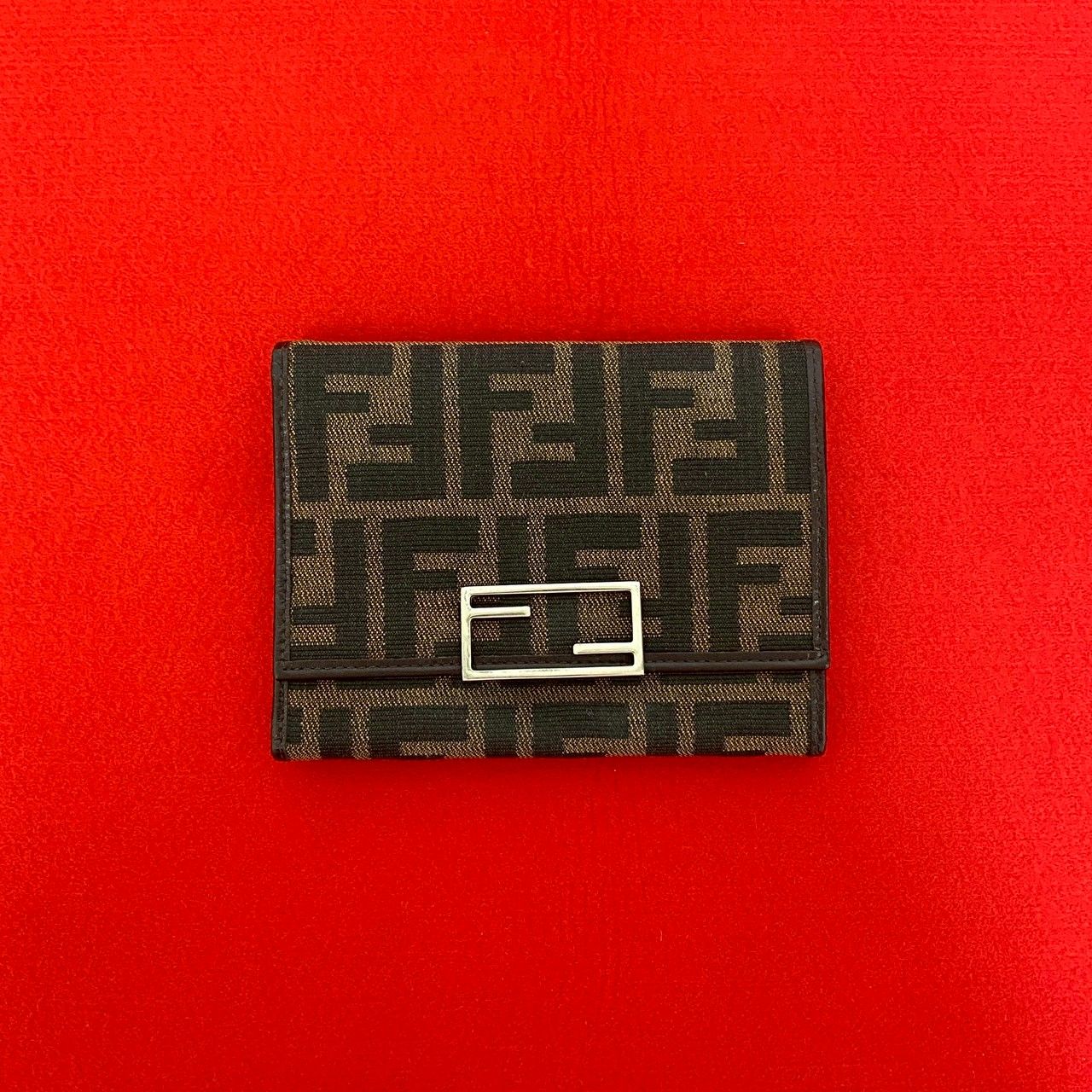 極 美品 FENDI フェンディ ズッカ FF 柄 キャンバス レザー 本革 三