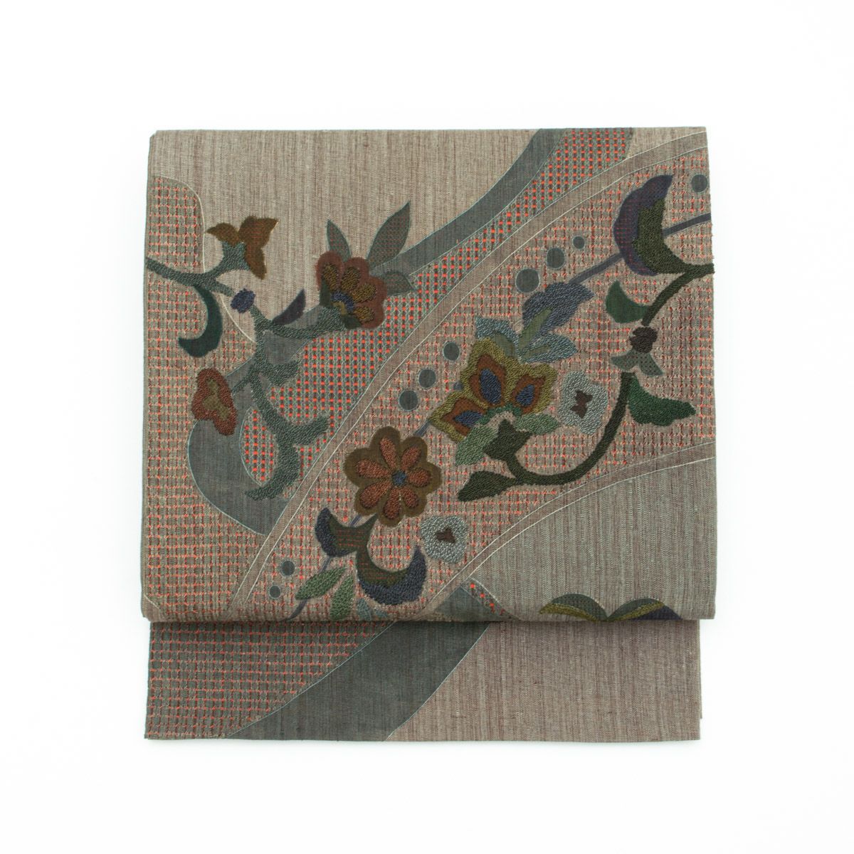 中国三大刺繍 汕頭刺繍】洒落袋帯 唐花文 相良刺繍 利休鼠色 錆系色