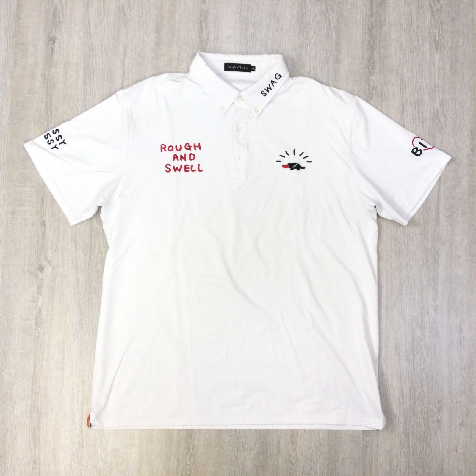 ROUGH&SWELL ラフアンドスウェル ポロシャツ XL 白 刺繍 SWAG襟 GRASSY
