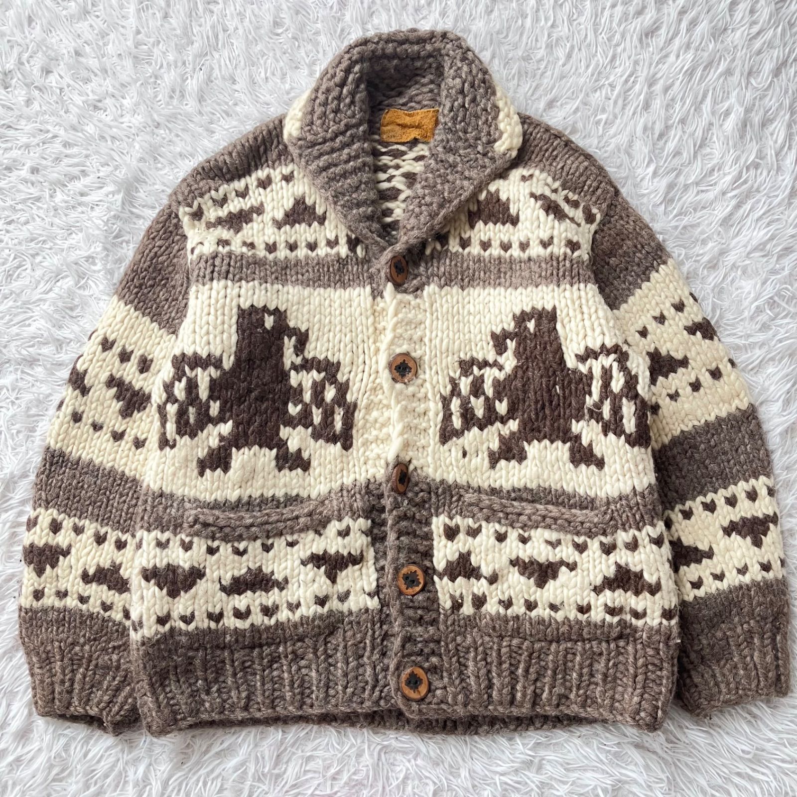 80s カウチンニットセーター カナダ製 メンズ メープル ウッドボタン 