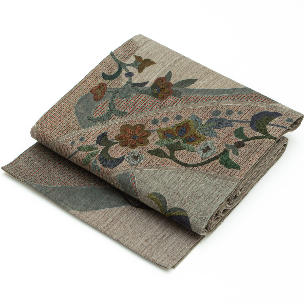 中国三大刺繍 汕頭刺繍】洒落袋帯 唐花文 相良刺繍 利休鼠色 錆系色